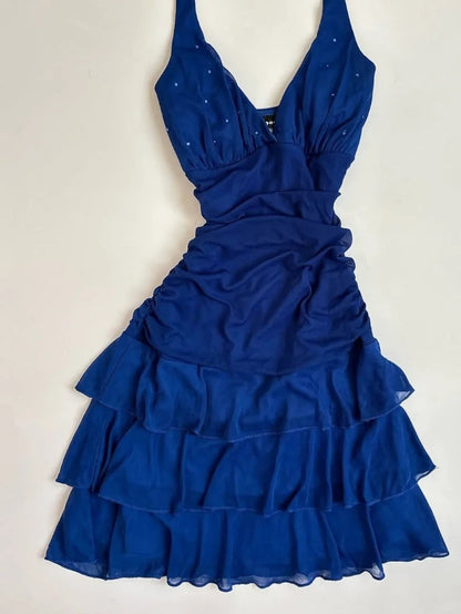 Elegant Royal Blue Halter Neck Chiffon Mini Homecoming Dress P3406