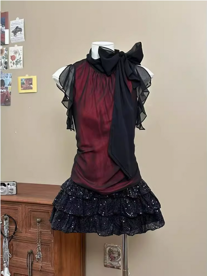 Vintage Burgundy Bow Black Sequin Mini Homecoming Dress P3423