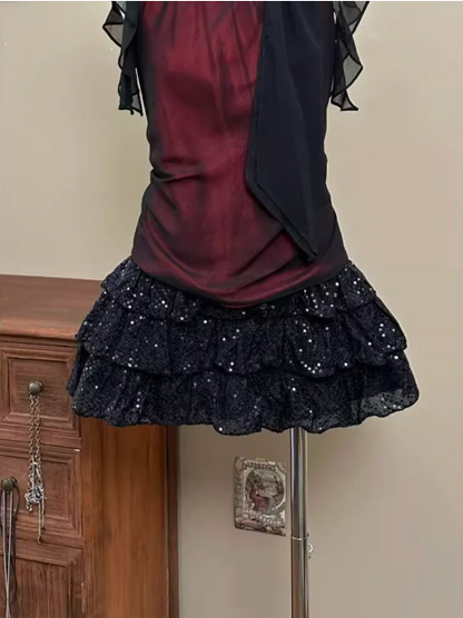 Vintage Burgundy Bow Black Sequin Mini Homecoming Dress P3423