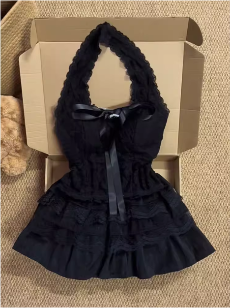 Black Swan Girl Halter Neck High Waist Lace Cake Puff Homecoming Dress P3424