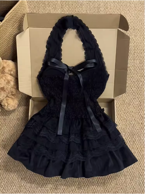 Black Swan Girl Halter Neck High Waist Lace Cake Puff Homecoming Dress P3424