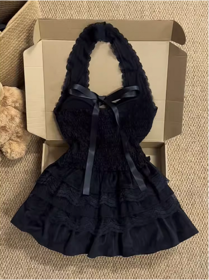 Black Swan Girl Halter Neck High Waist Lace Cake Puff Homecoming Dress P3424