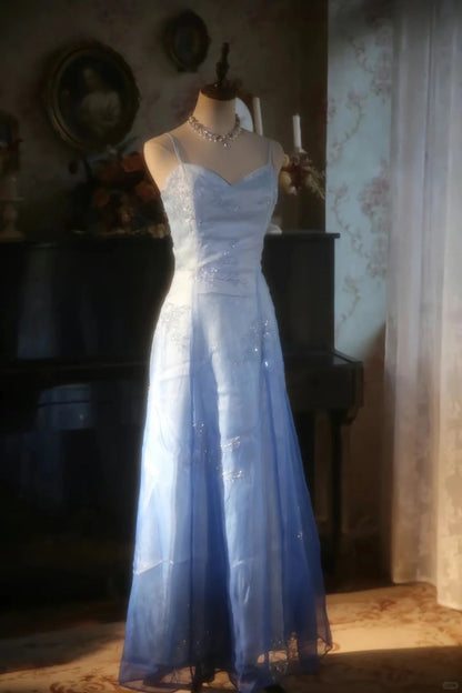 Vintage Gradient Blue Spaghetti Strap Beaded Tulle Long Prom Dress P3427