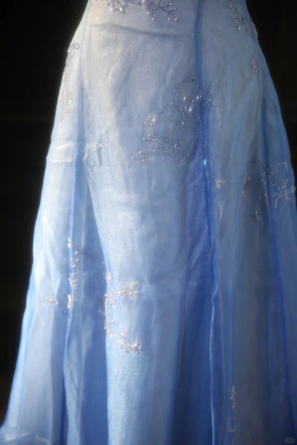 Vintage Gradient Blue Spaghetti Strap Beaded Tulle Long Prom Dress P3427