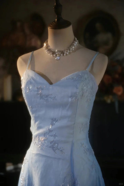 Vintage Gradient Blue Spaghetti Strap Beaded Tulle Long Prom Dress P3427