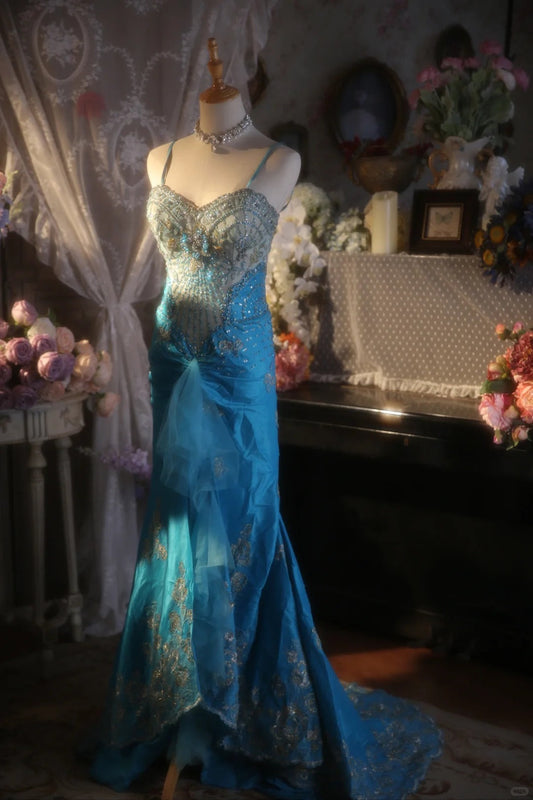 Vintage Beaded Strapless Blue Satin Gold Embroidery Train Prom Dress P3430