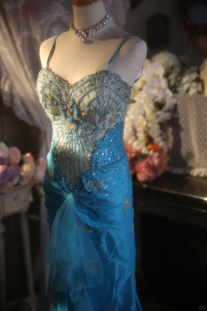 Vintage Beaded Strapless Blue Satin Gold Embroidery Train Prom Dress P3430