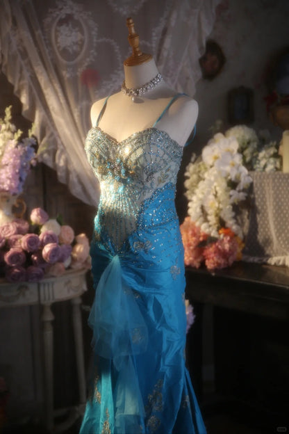 Vintage Beaded Strapless Blue Satin Gold Embroidery Train Prom Dress P3430