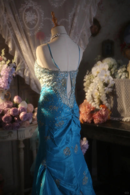 Vintage Beaded Strapless Blue Satin Gold Embroidery Train Prom Dress P3430