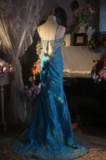 Vintage Beaded Strapless Blue Satin Gold Embroidery Train Prom Dress P3430