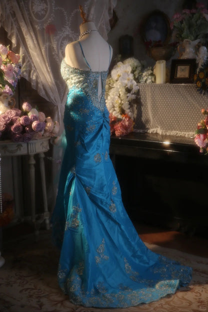 Vintage Beaded Strapless Blue Satin Gold Embroidery Train Prom Dress P3430