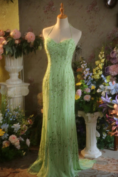 Fresh Green Chiffon Beaded Backless Mermaid Long Prom Dress P3431
