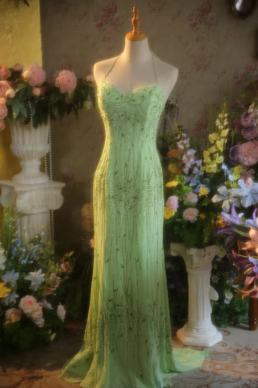 Fresh Green Chiffon Beaded Backless Mermaid Long Prom Dress P3431