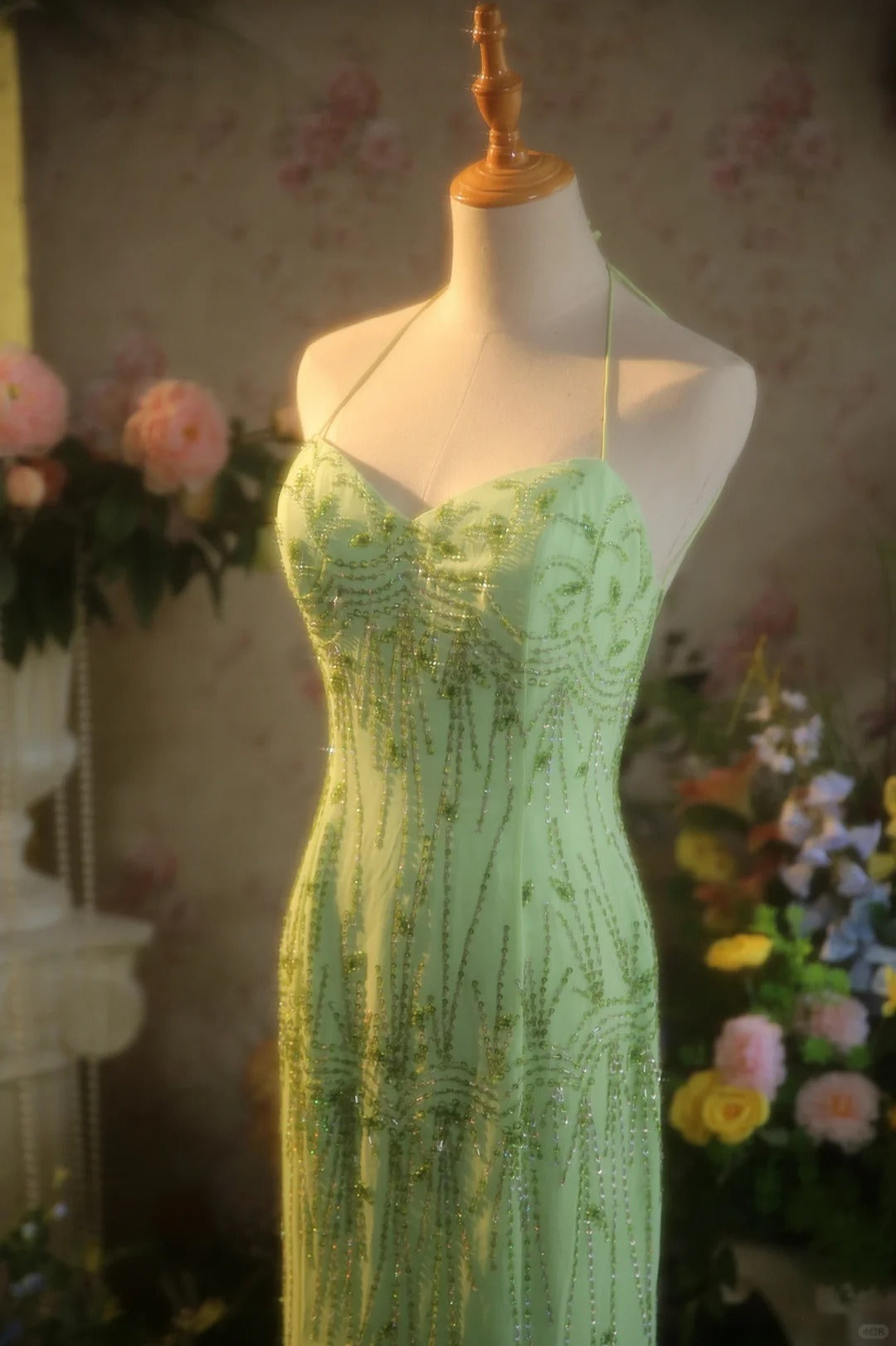 Fresh Green Chiffon Beaded Backless Mermaid Long Prom Dress P3431