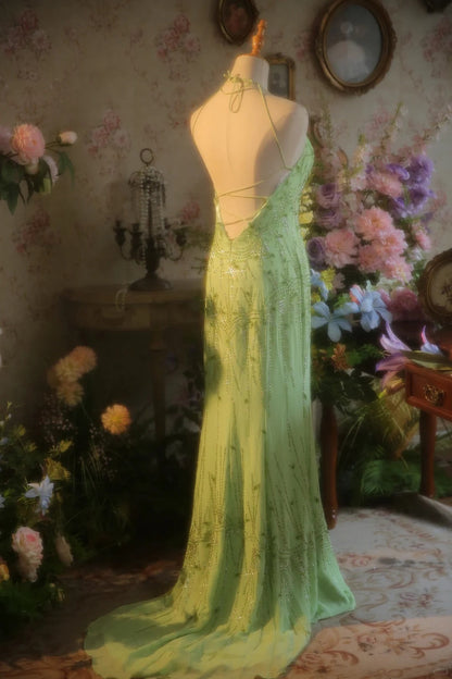 Fresh Green Chiffon Beaded Backless Mermaid Long Prom Dress P3431