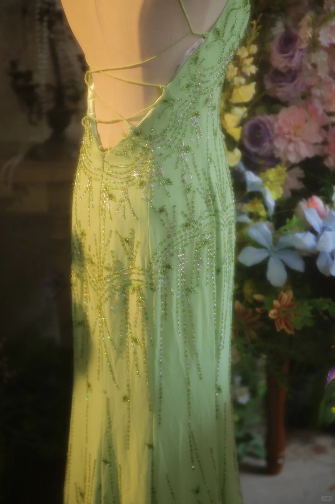 Fresh Green Chiffon Beaded Backless Mermaid Long Prom Dress P3431