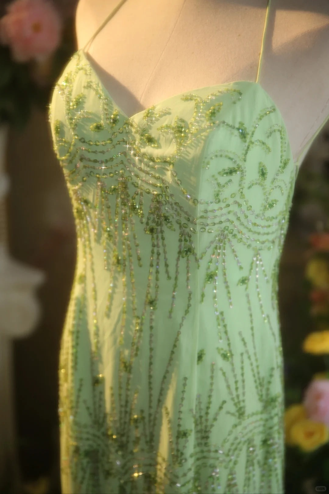 Fresh Green Chiffon Beaded Backless Mermaid Long Prom Dress P3431