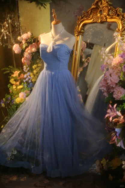 Elegant Blue Sweetheart Neckline Lace Patchwork A-line Floor-length Prom Dress P3432