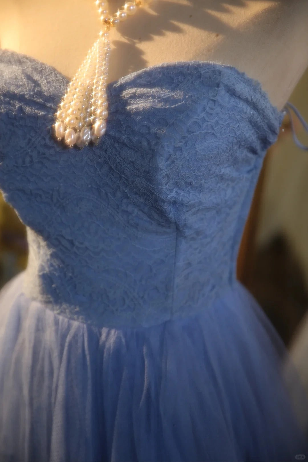 Elegant Blue Sweetheart Neckline Lace Patchwork A-line Floor-length Prom Dress P3432