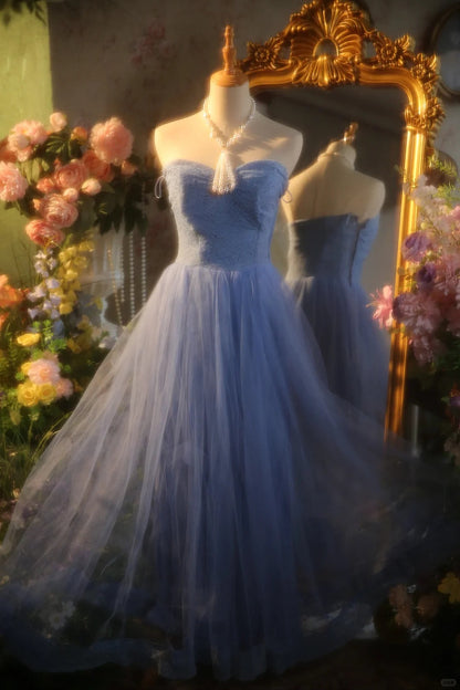 Elegant Blue Sweetheart Neckline Lace Patchwork A-line Floor-length Prom Dress P3432