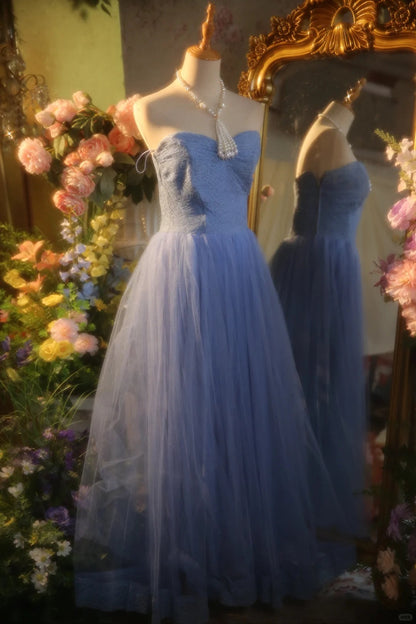 Elegant Blue Sweetheart Neckline Lace Patchwork A-line Floor-length Prom Dress P3432