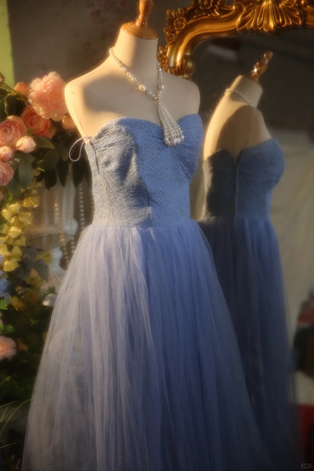 Elegant Blue Sweetheart Neckline Lace Patchwork A-line Floor-length Prom Dress P3432
