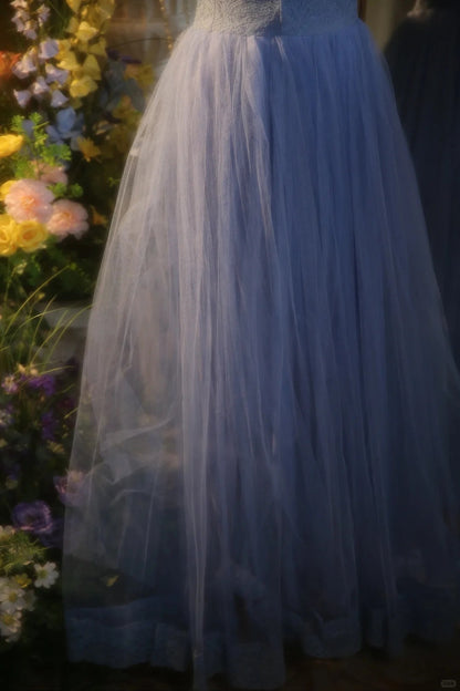 Elegant Blue Sweetheart Neckline Lace Patchwork A-line Floor-length Prom Dress P3432