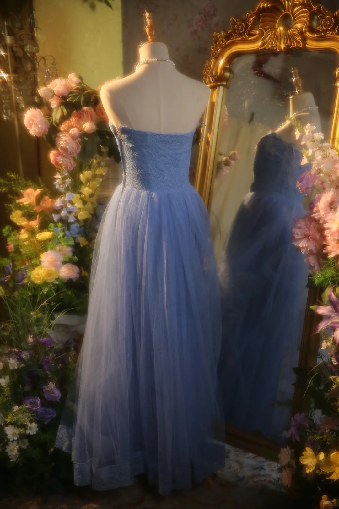 Elegant Blue Sweetheart Neckline Lace Patchwork A-line Floor-length Prom Dress P3432