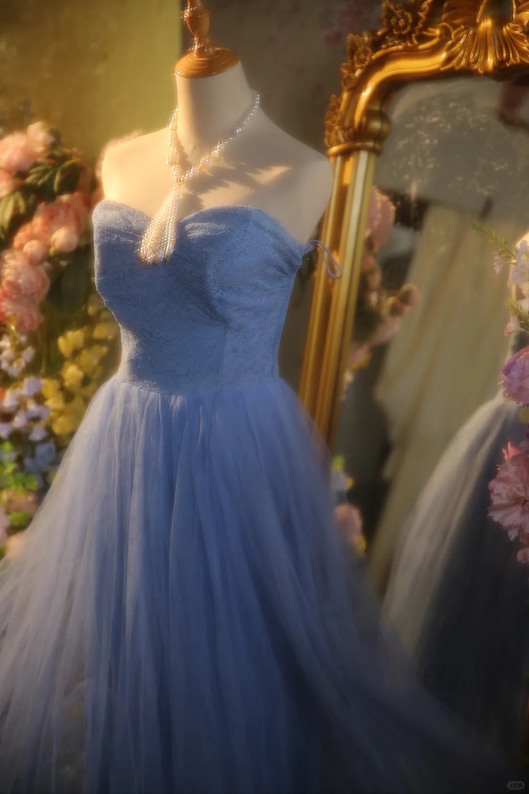 Elegant Blue Sweetheart Neckline Lace Patchwork A-line Floor-length Prom Dress P3432