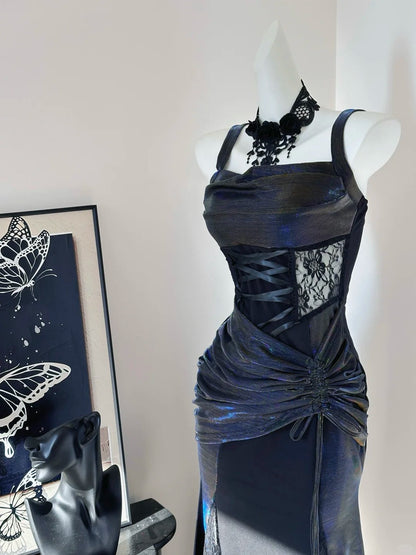 Stunning Black Mermaid Strap Lace Drawstring Prom Dress P3434