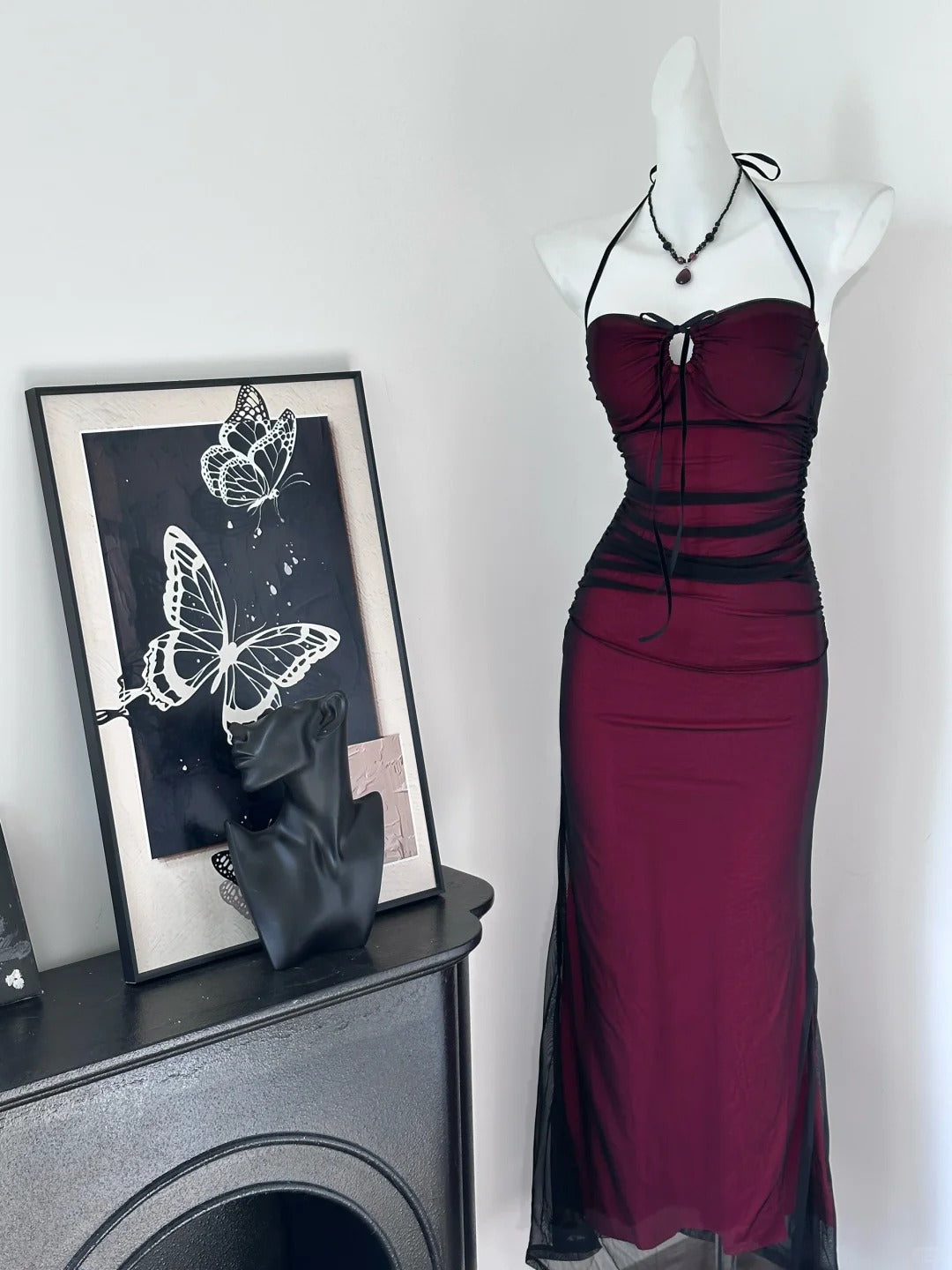 Sexy Burgundy Black Tulle Simple Mermaid Long Prom Dress P3435