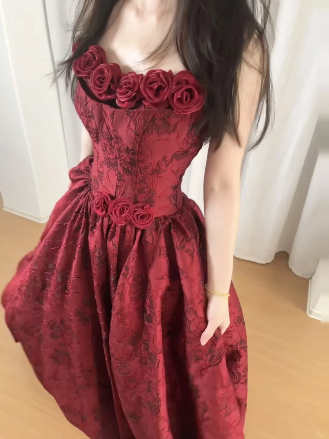 Beautiful Burgundy Tube Top Three-dimensional Rose Lace A-line  Prom Dress P3438