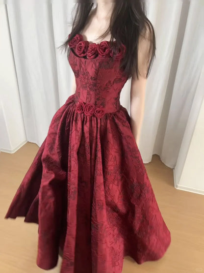 Beautiful Burgundy Tube Top Three-dimensional Rose Lace A-line  Prom Dress P3438