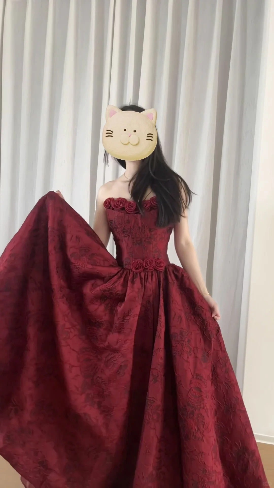 Beautiful Burgundy Tube Top Three-dimensional Rose Lace A-line  Prom Dress P3438