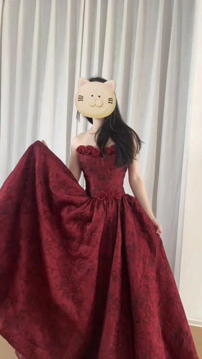 Beautiful Burgundy Tube Top Three-dimensional Rose Lace A-line  Prom Dress P3438