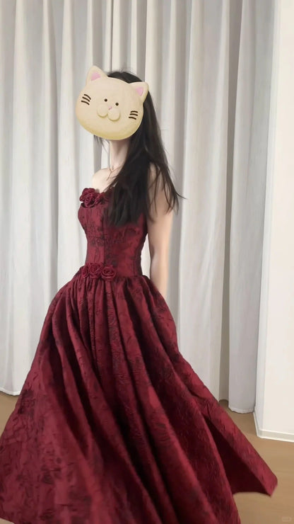 Beautiful Burgundy Tube Top Three-dimensional Rose Lace A-line  Prom Dress P3438