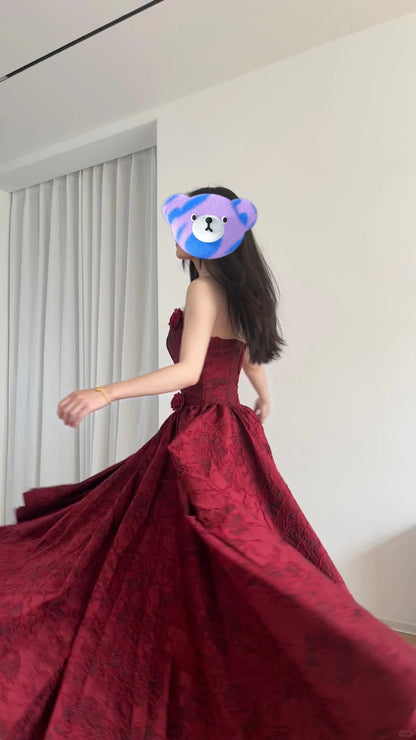 Beautiful Burgundy Tube Top Three-dimensional Rose Lace A-line  Prom Dress P3438