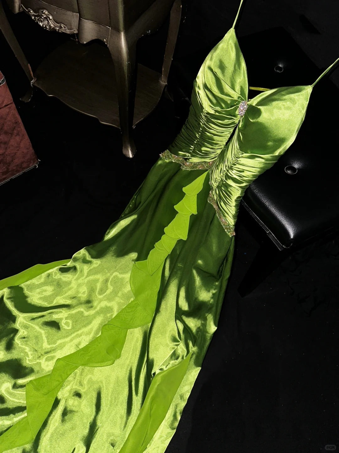 Fresh Green Spaghetti Strap Satin Long Prom Dress P3440