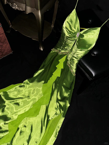 Fresh Green Spaghetti Strap Satin Long Prom Dress P3440