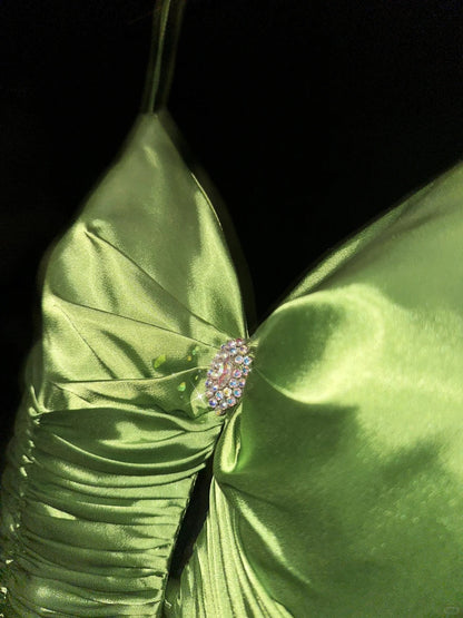 Fresh Green Spaghetti Strap Satin Long Prom Dress P3440