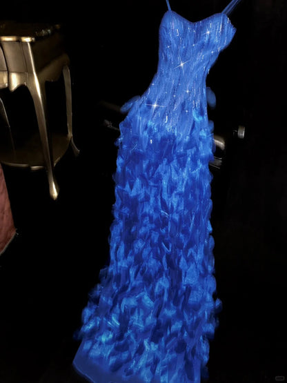 Stunning Sapphire Beaded Spaghetti Strap Mermaid Long Prom Dress P3441