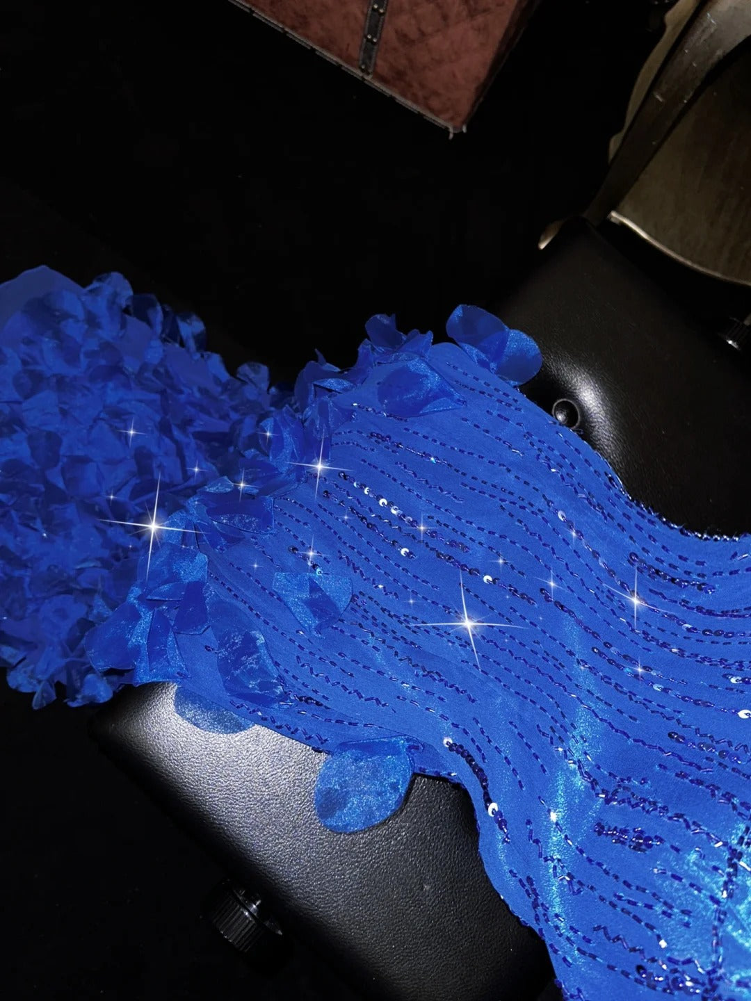 Stunning Sapphire Beaded Spaghetti Strap Mermaid Long Prom Dress P3441