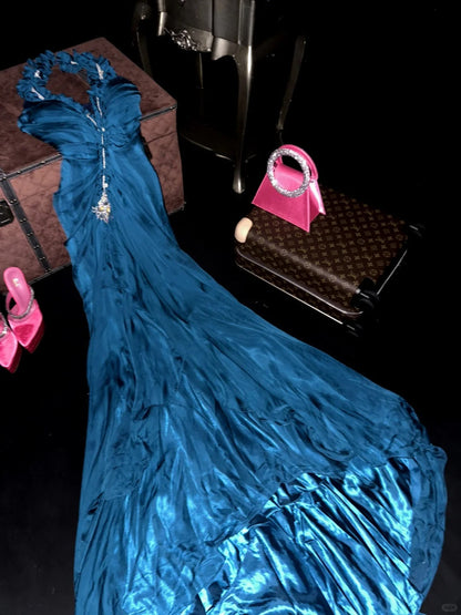 Elegant Blue Satin Halter Neck Beaded Long Prom Dress P3443