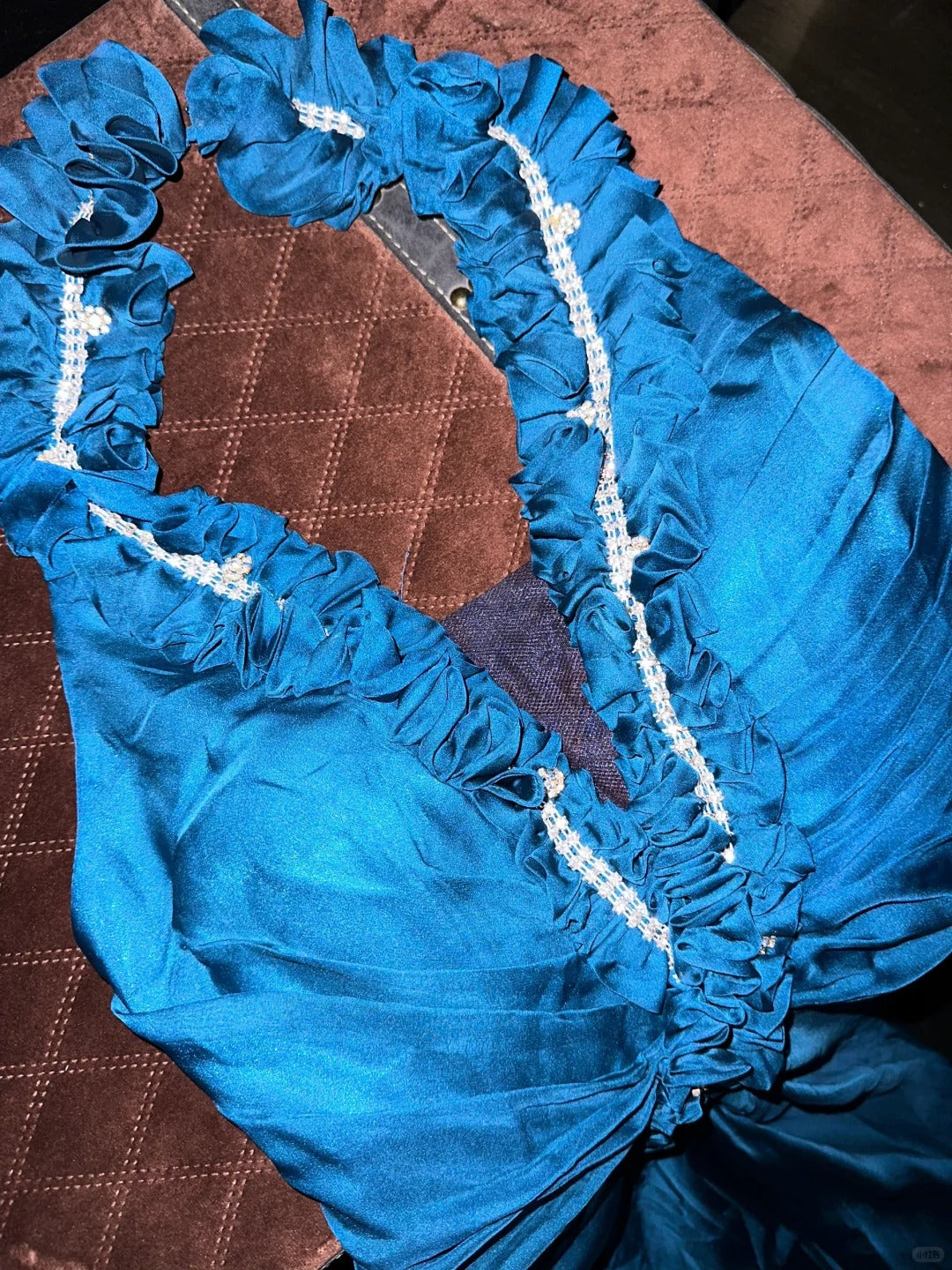 Elegant Blue Satin Halter Neck Beaded Long Prom Dress P3443