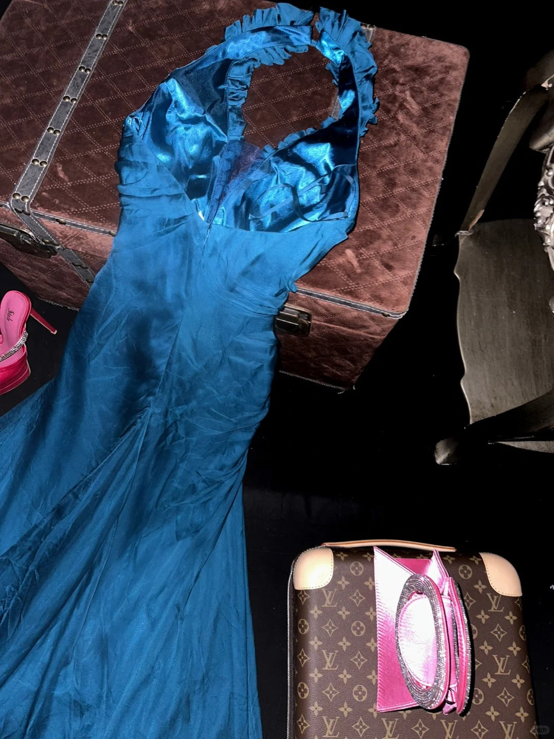 Elegant Blue Satin Halter Neck Beaded Long Prom Dress P3443