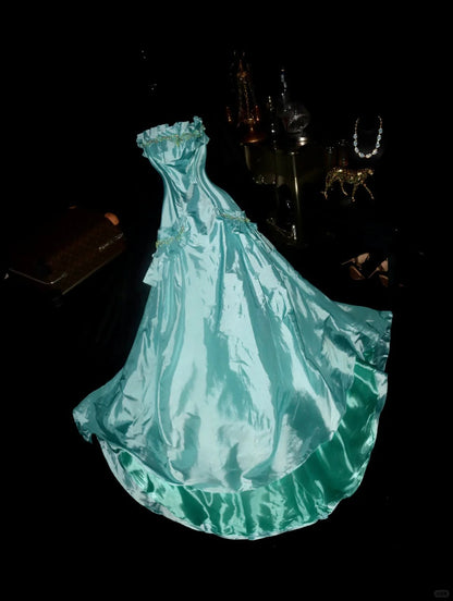 Elegant Mint Green Satin Beaded Strapless Long Prom Dress P3444