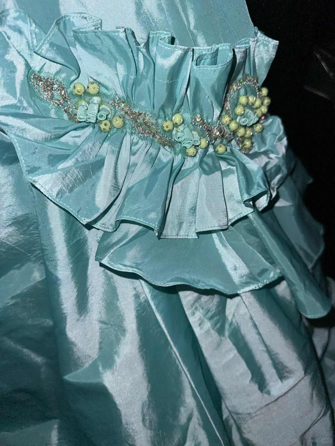 Elegant Mint Green Satin Beaded Strapless Long Prom Dress P3444