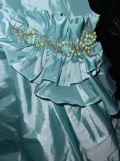 Elegant Mint Green Satin Beaded Strapless Long Prom Dress P3444