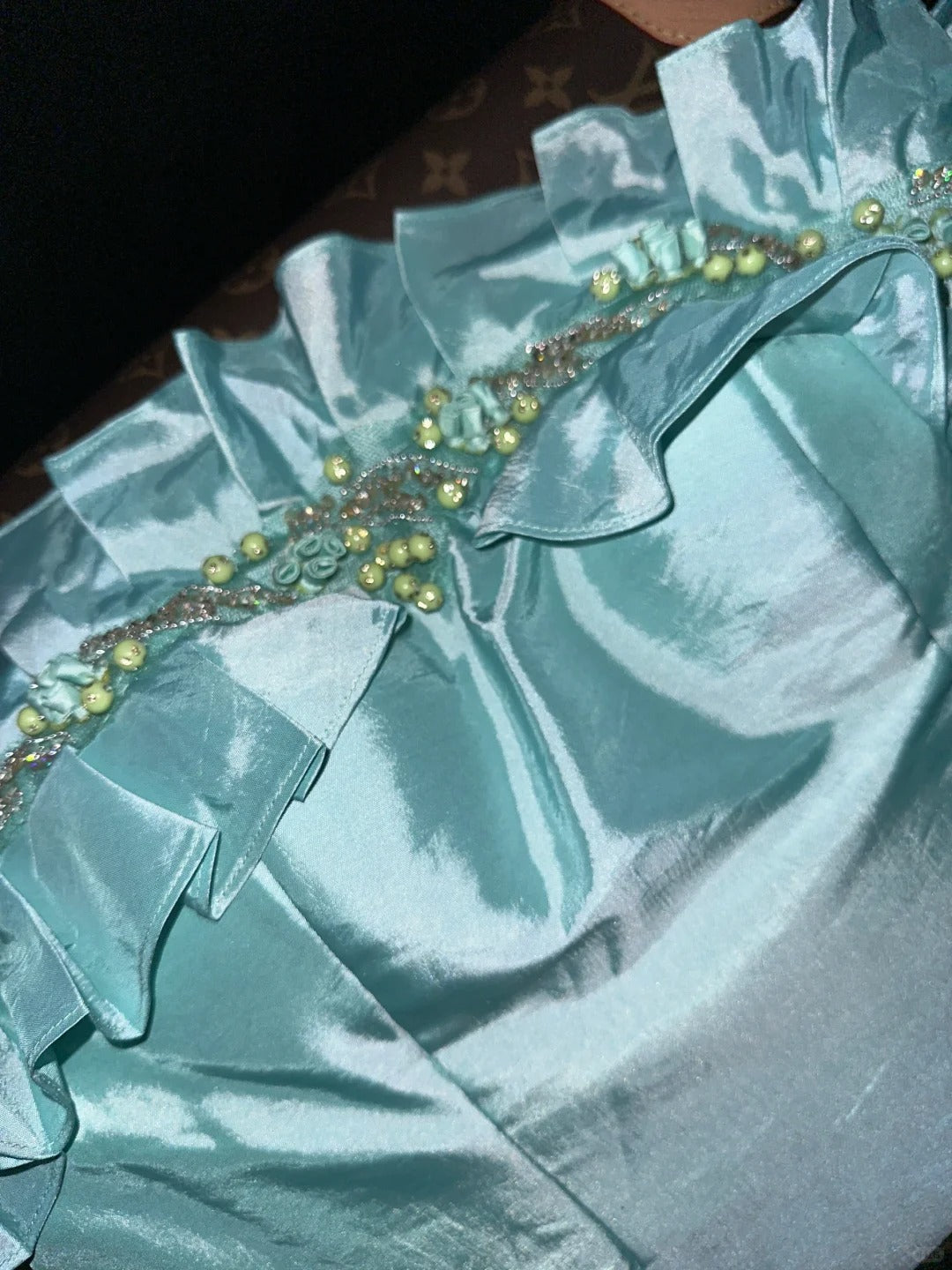 Elegant Mint Green Satin Beaded Strapless Long Prom Dress P3444