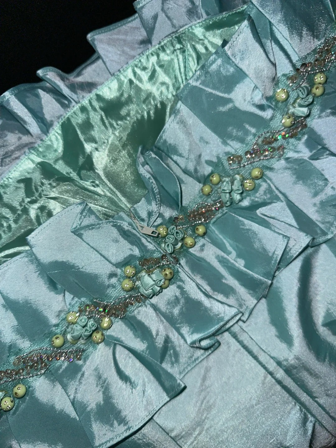 Elegant Mint Green Satin Beaded Strapless Long Prom Dress P3444